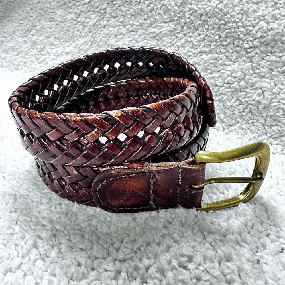 Unisex Sturdy Braided Brown Leather Belt, Full Grain, Solid Brass Buckle 46 Adj